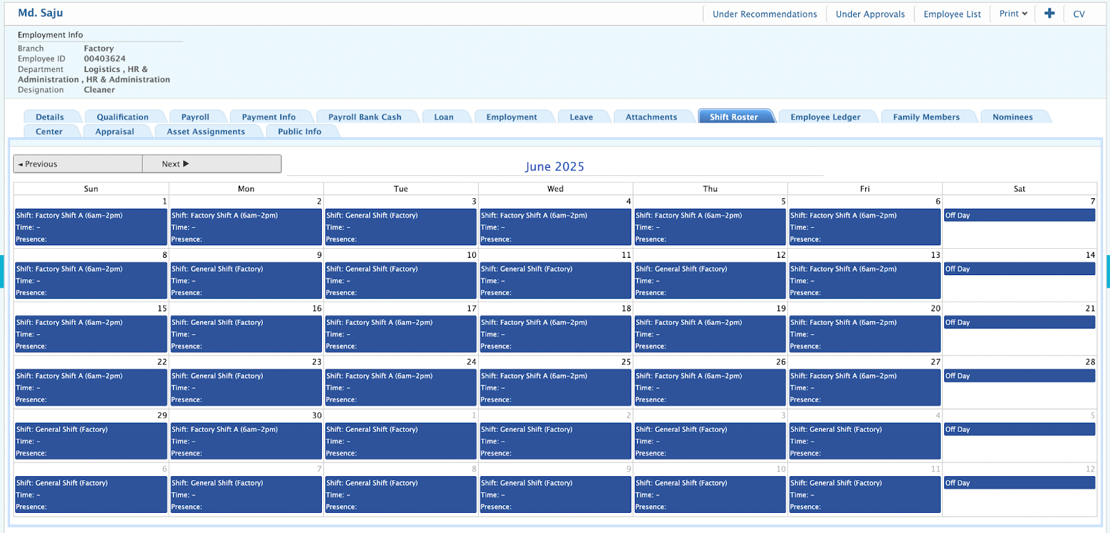 View Roster Calendar